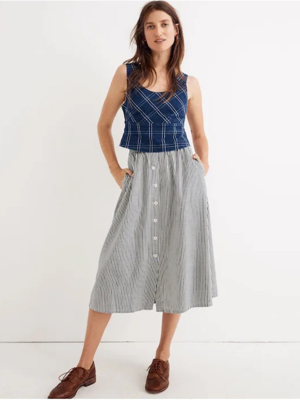 Madewell Palisade Button-Front Midi Skirt in Chambray Stripe